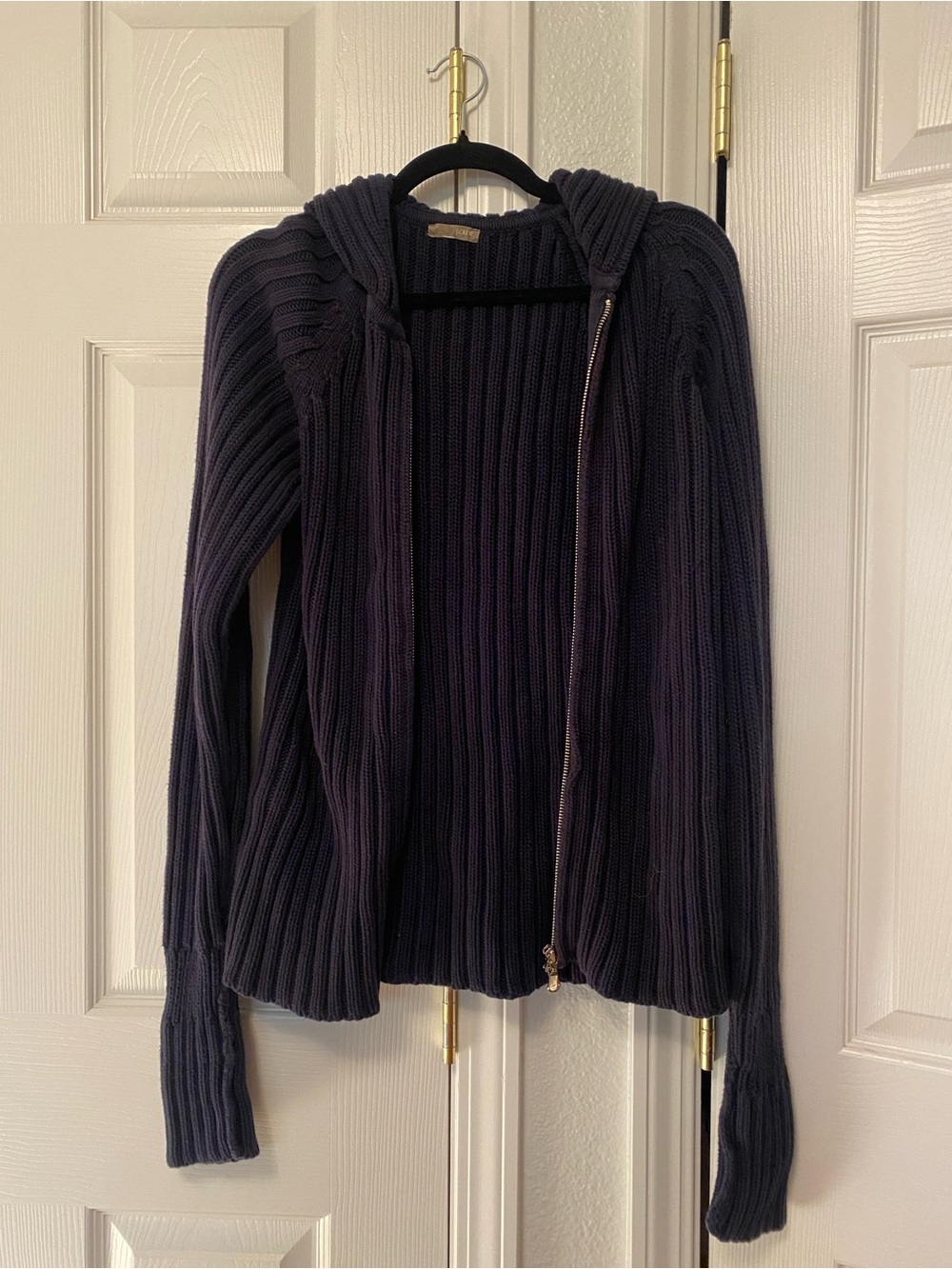 Ribbed Zip-Front Hooded Sweater - Navy